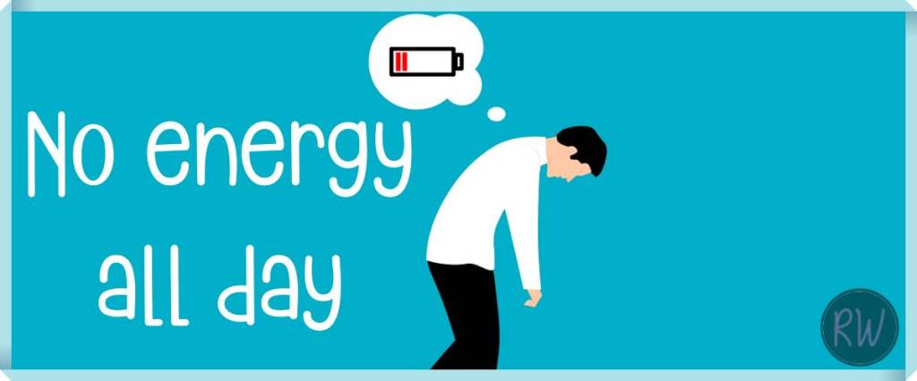 No energy all day.
image of stooped over man with depleted battery over his head.