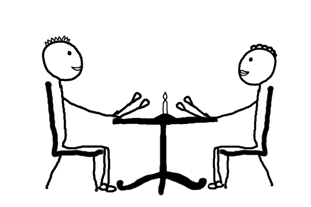 2 stick figures sitting at a table with a candle in the middle of it.