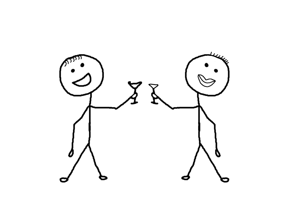 2 stick figures clinking martini glasses