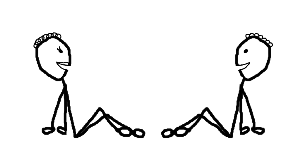 2 stick figures sitting facing each other in reclining positions