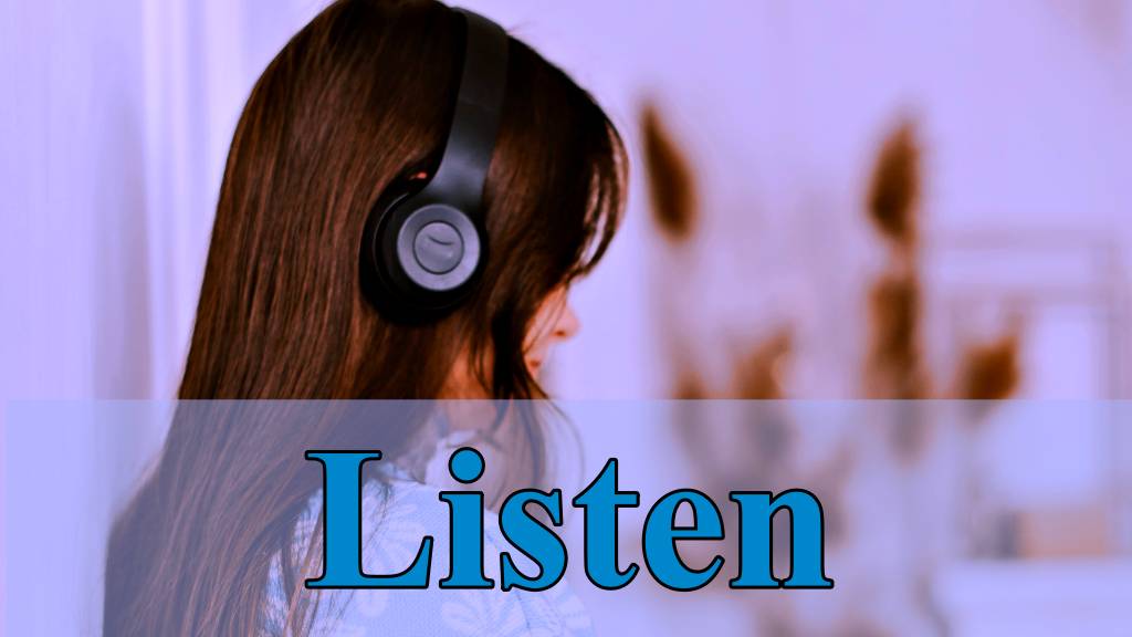 Image of woman using tablet and wearing headphones. caption reads 'Listen'
