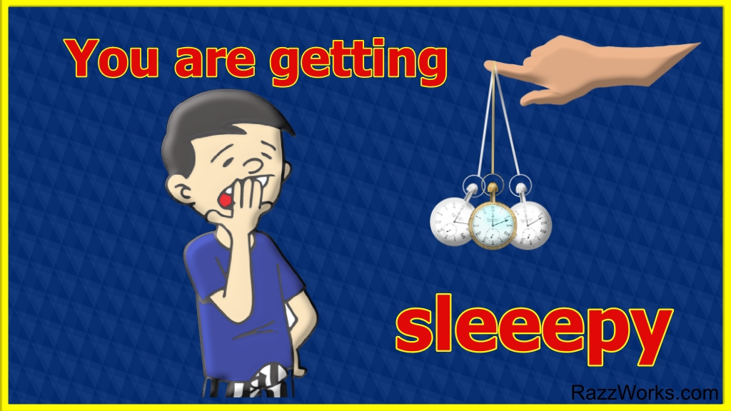 Image with words "You are getting sleepy". Hand holds a dangling, swinging pocket watch in front of man who is yawning.