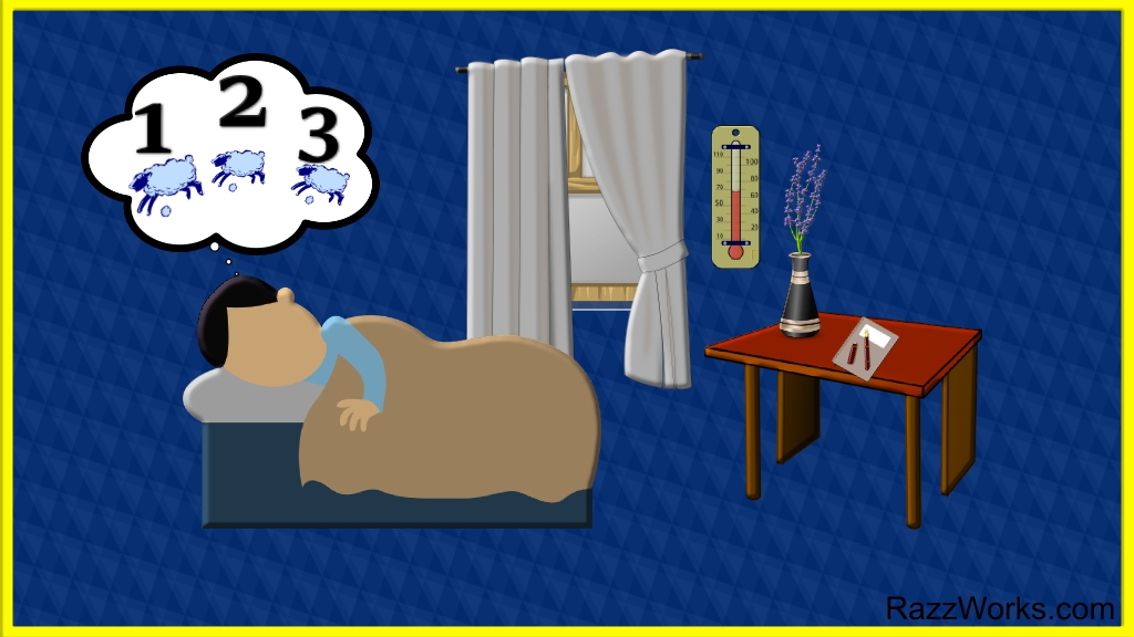 Image of man in bed with cloud floating over him with sheep and numbers 1, 3, 4. Window with curtains partially drawn, thermostat and desk with journal and lavender in vase.