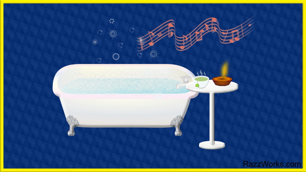 Image of a bathtub with bubbles. Side table holds a cup of hot tea and a scented candle. Music notes float above.