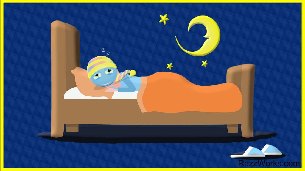 Sleepy person in bed wearing a nightcap. Moon and stars above.