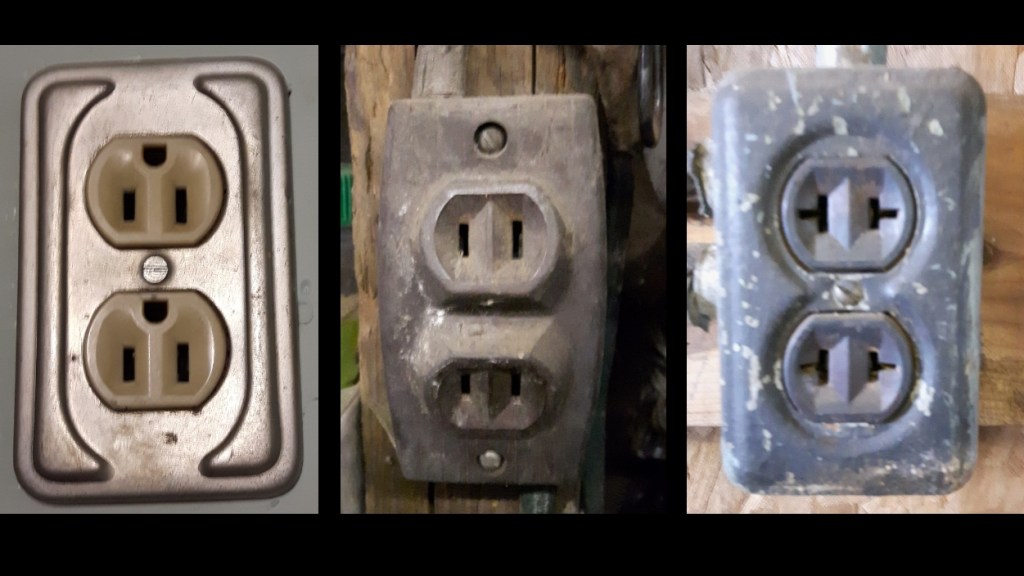 Three images of various old style electrical outlets