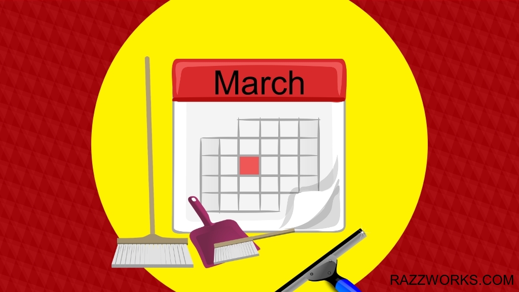 An image of a blank calendar for March with one date highlighted in red. Also a broom and dustpan and a squeegee
