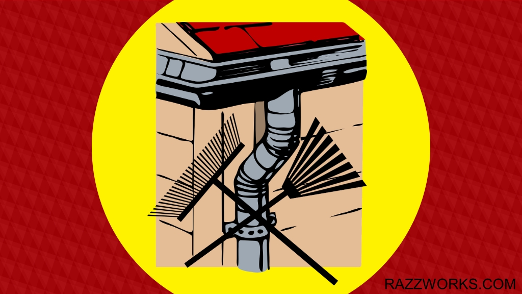 An image of the corner of a house with rain getters overlaid by a pair of leaf rakes.