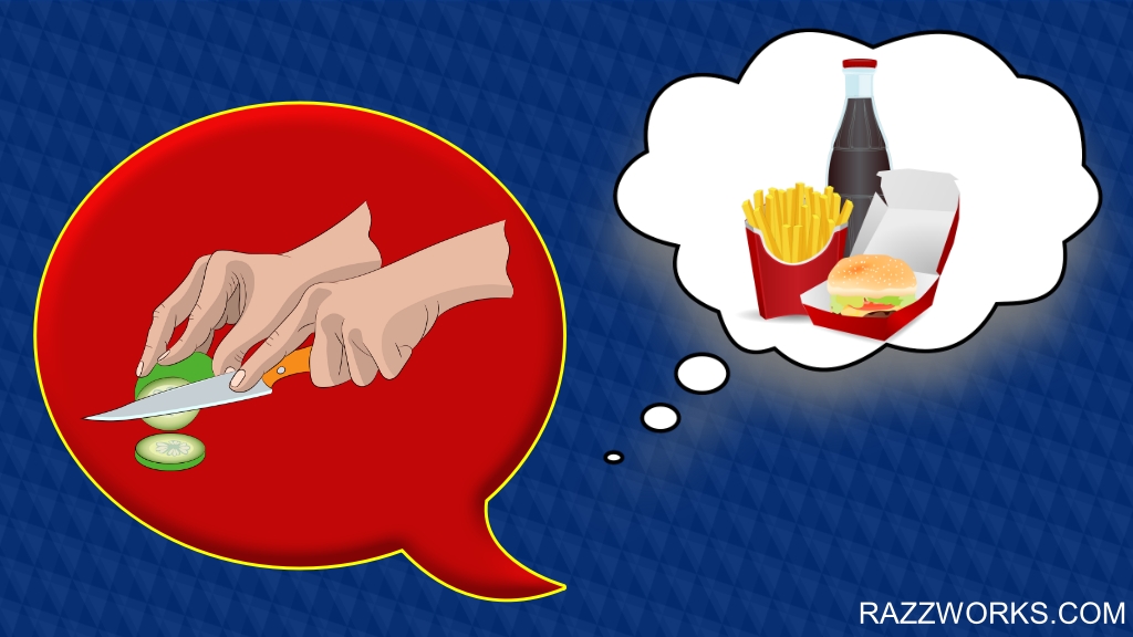 Image of speech bubble containing hands using knife to chop vegetables. Also thought bubble with a fast food meal inside.