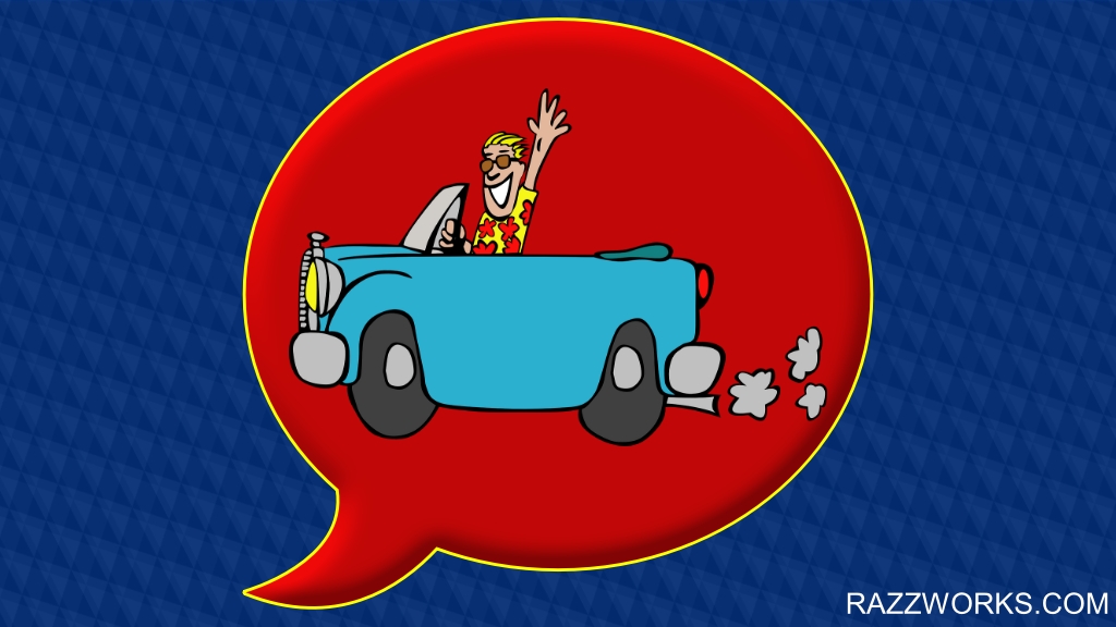 Image with speech bubble containing a man driving a car with exhaust smoke